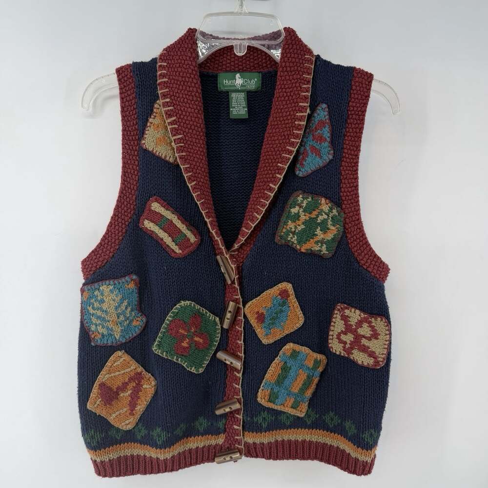 Hunt Club Sweater Vest Knit Patchwork Toggle Button Women's Size PM Vintage